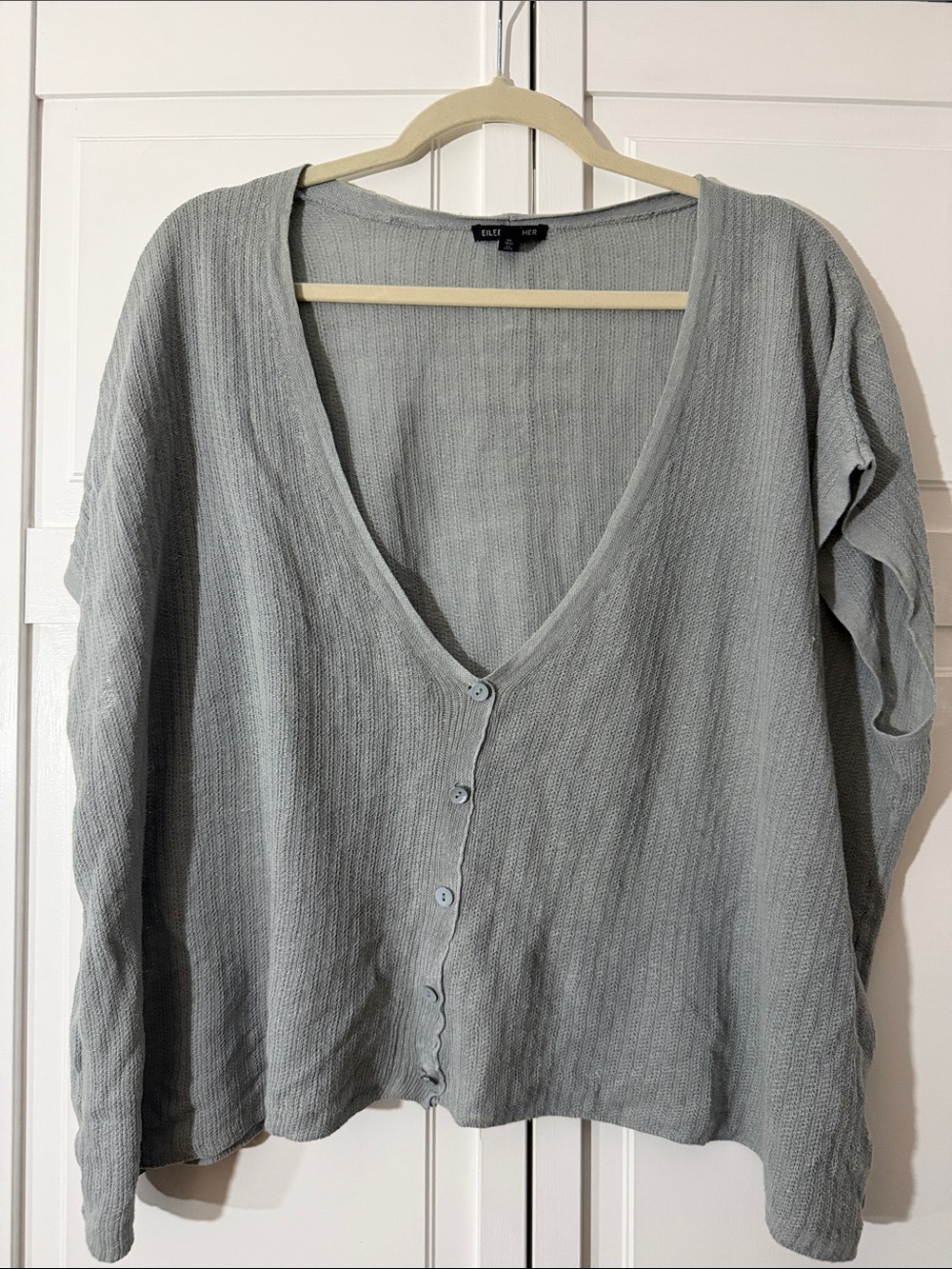 Eileen Fisher Light Gray V-Neck Button-Front Knit Cardigan